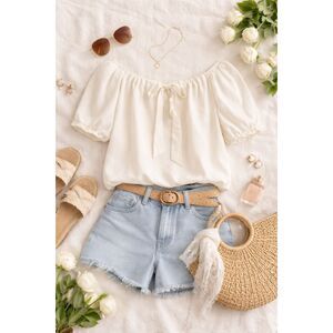 Cream Silk/Spandex Off Shoulder Blouse Puff Sleeve Tie‎ Neck Whimsy Top S/M